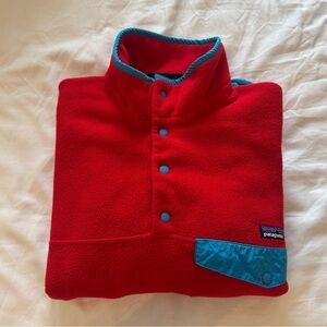 PATAGONIA men’s synchilla t-snap fleece pullover (red w/ blue trim, size: XS)